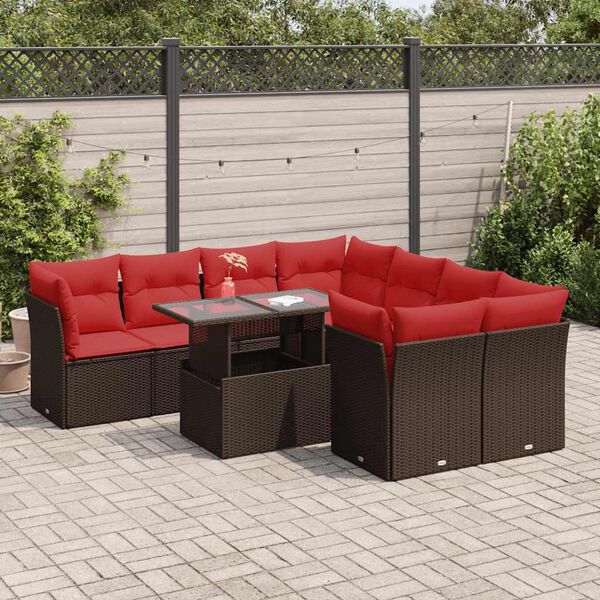 vidaXL 9-delige Loungeset met kussens poly rattan acacia bruin