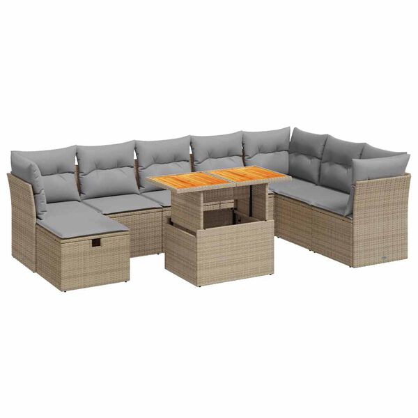 vidaXL 9-delige Loungeset met kussens poly rattan acacia beige