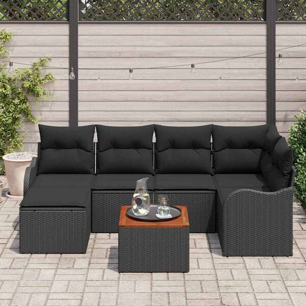 vidaXL Tuinbankenset met kussen 7 pcs Zwart poly rattan
