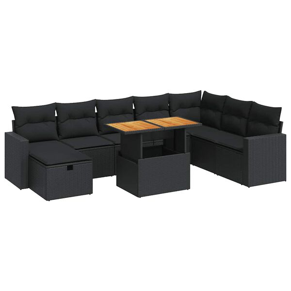 vidaXL 9-delige Loungeset met kussens poly rattan acacia zwart