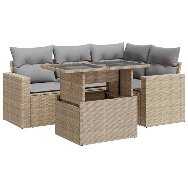 vidaXL 5-delige Loungeset met kussens poly rattan beige