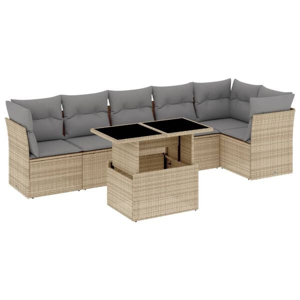 vidaXL 7-delige Loungeset met kussens poly rattan beige