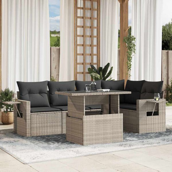 vidaXL 6-delige Loungeset met kussens poly rattan lichtgrijs