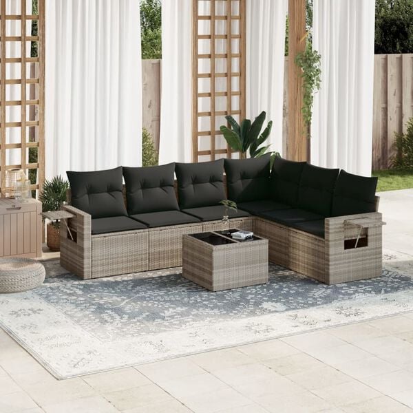 vidaXL 7-delige Loungeset met kussens poly rattan lichtgrijs