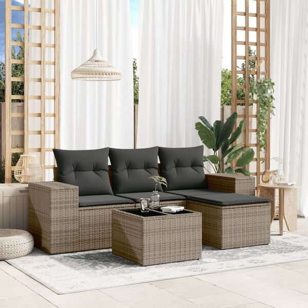 vidaXL 5-delige Loungeset met kussens poly rattan grijs