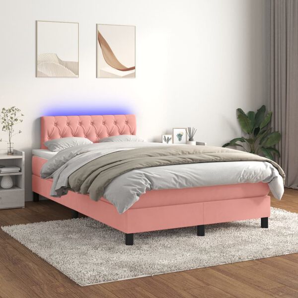 vidaXL Boxspring met matras en LED fluweel roze 120x200 cm