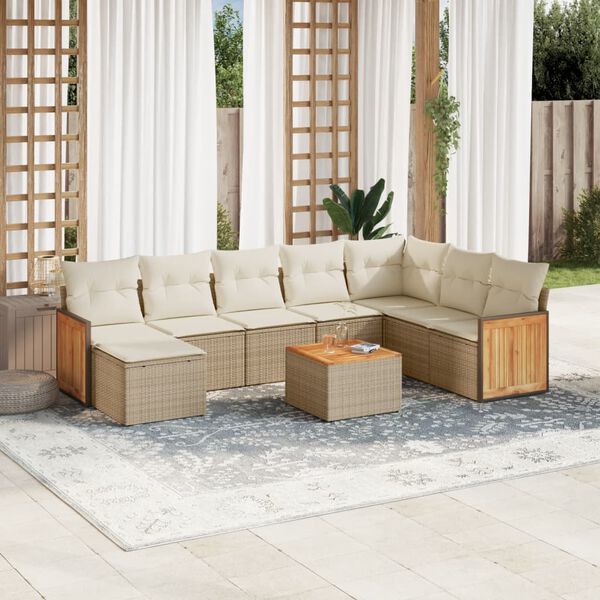 vidaXL 9-delige Loungeset met kussens poly rattan beige