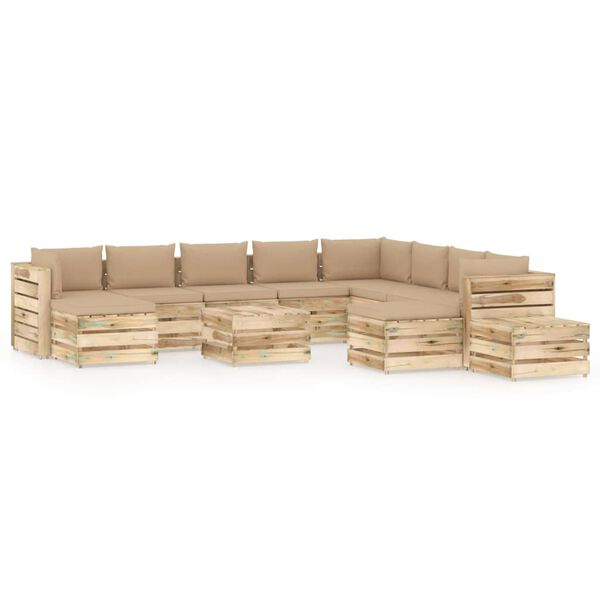 vidaXL 12-delige Loungeset met kussens groen ge&iuml;mpregneerd hout