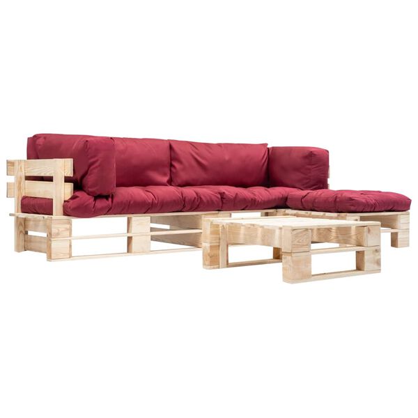 vidaXL 4-delige Loungeset pallet met rode kussens hout