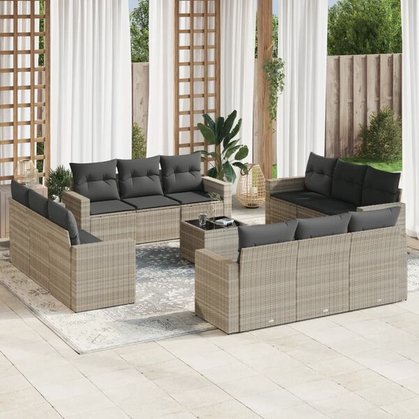 vidaXL 13-delige Loungeset met kussens poly rattan lichtgrijs