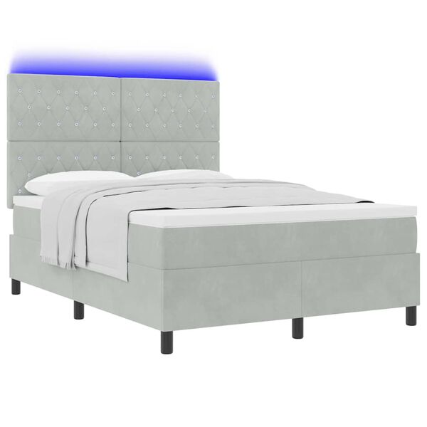 vidaXL LED Box Spring Bed met matras Lichtgrijs 140 x 200 cm Fluweel