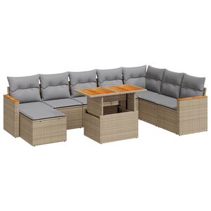 vidaXL 9-delige Loungeset met kussens poly rattan acacia beige