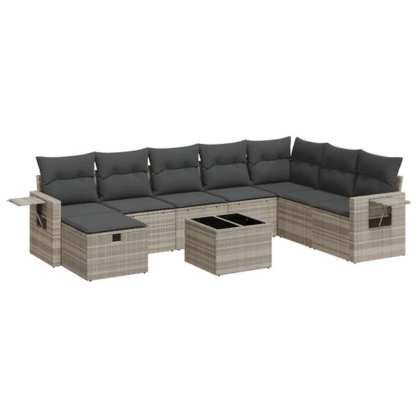 vidaXL 9-delige Loungeset met kussens poly rattan lichtgrijs