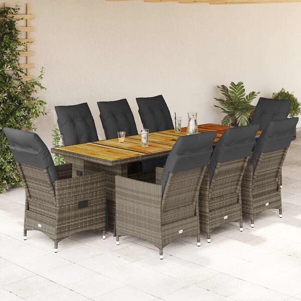 vidaXL 9-delige Bistroset met kussens poly rattan grijs