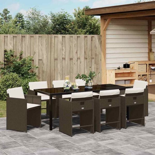 vidaXL Tuin eettafelset met kussen 9 pcs Bruin poly rattan
