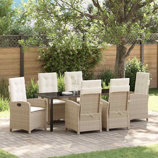 vidaXL Tuin eettafelset met kussen 7 pcs Beige poly rattan