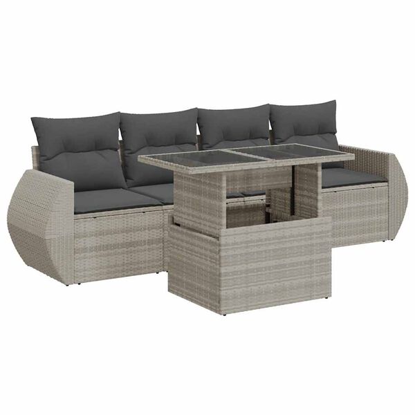 vidaXL 5-delige Loungeset met kussens poly rattan lichtgrijs