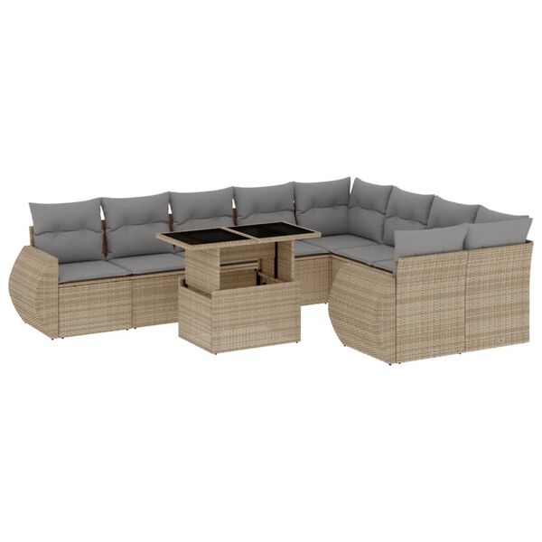 vidaXL 10-delige Loungeset met kussens poly rattan beige