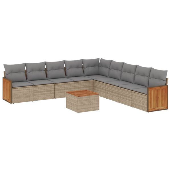 vidaXL 10-delige Loungeset met kussens poly rattan beige