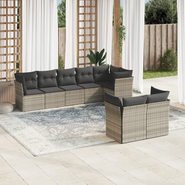 vidaXL 8-delige Loungeset met kussens poly rattan lichtgrijs