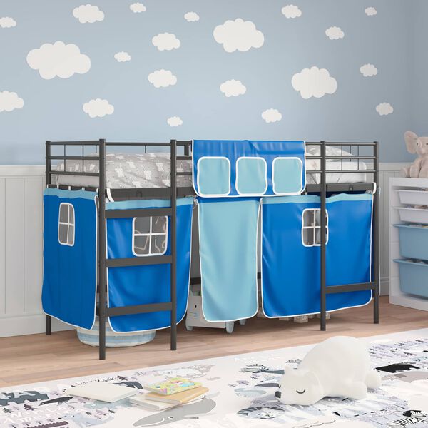 vidaXL Loftbedframe voor Kinderen met Gordijnen Zwart en Blauw