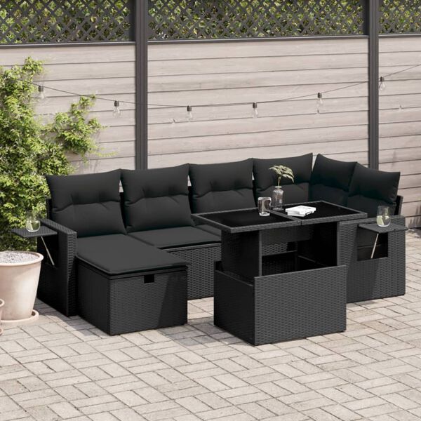vidaXL 7-delige Loungeset met kussens poly rattan zwart