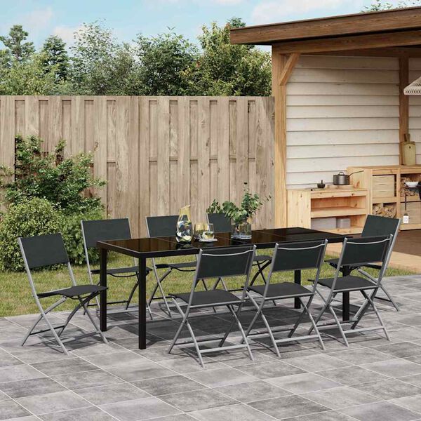 vidaXL Tuin eettafelset 9 pcs Zwart Gepoedercoat staal