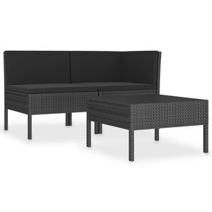 vidaXL 3-delige Loungeset met kussens poly rattan zwart