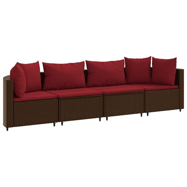 vidaXL 4-delige Loungeset met kussens poly rattan bruin