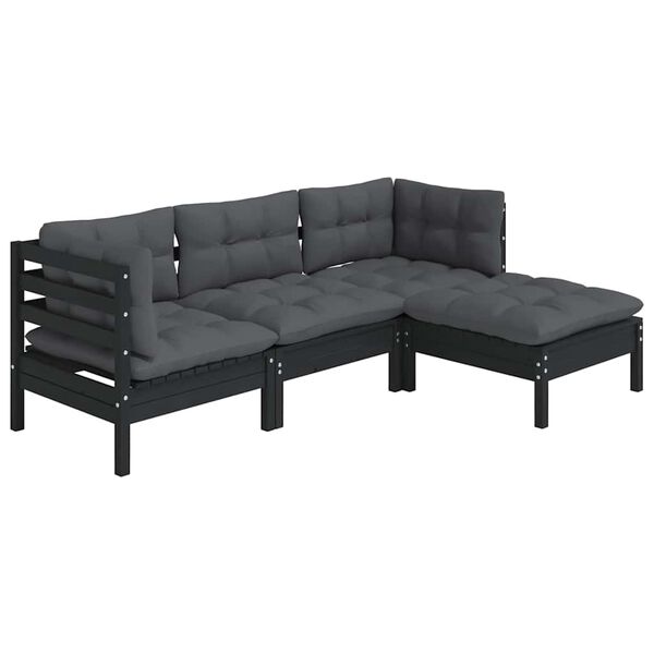 vidaXL 4-delige Loungeset met kussens grenenhout zwart