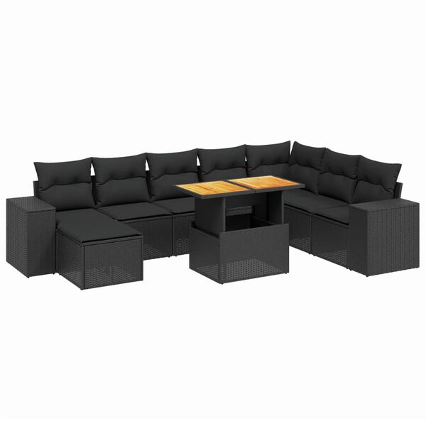 vidaXL 9-delige Loungeset met kussens poly rattan zwart