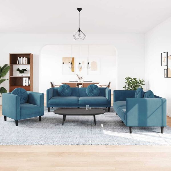 vidaXL 3-delige Loungeset met kussens fluweel blauw