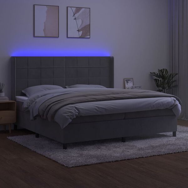 vidaXL Boxspring met matras en LED fluweel lichtgrijs 200x200 cm