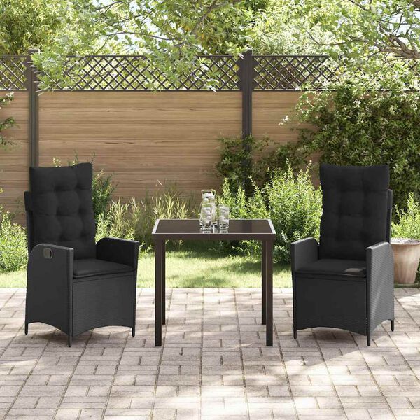 vidaXL Tuin eettafelset met kussen 3 pcs Zwart poly rattan