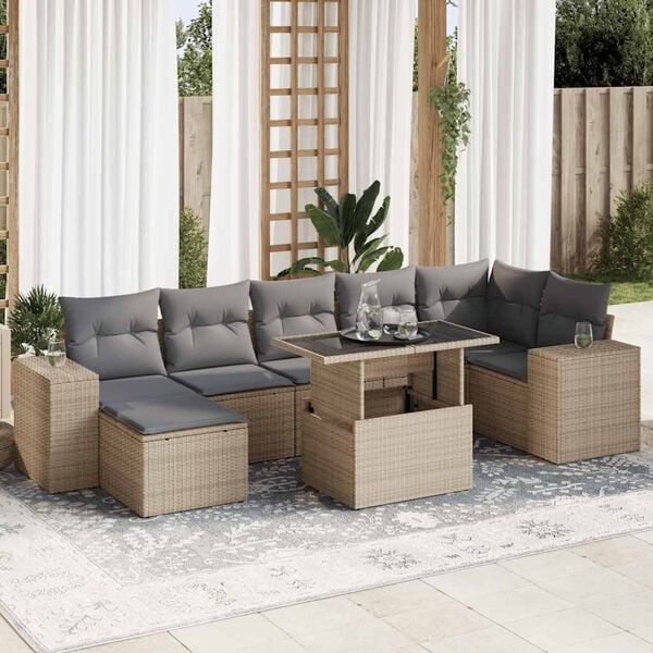vidaXL 8-delige Loungeset met kussens poly rattan beige