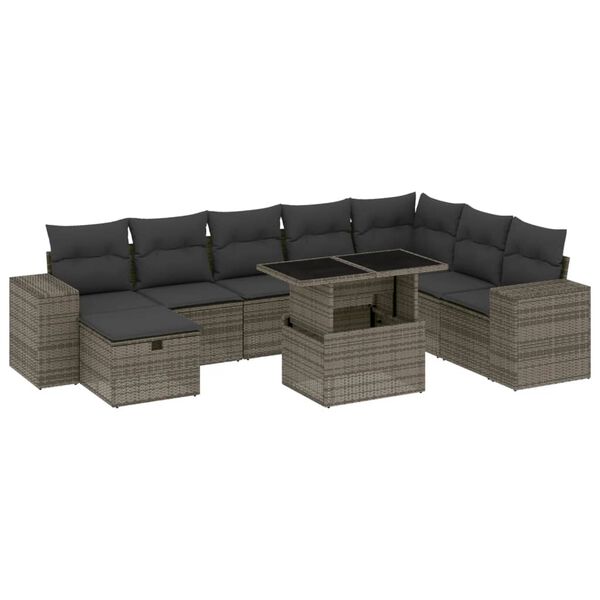 vidaXL 9-delige Loungeset met kussens poly rattan grijs