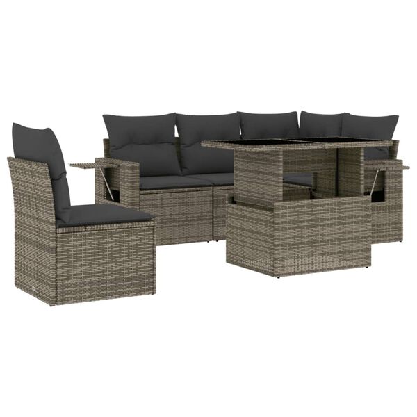 vidaXL 6-delige Loungeset met kussens poly rattan grijs