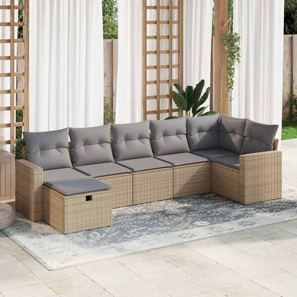 vidaXL 7-delige Loungeset met kussens poly rattan beige