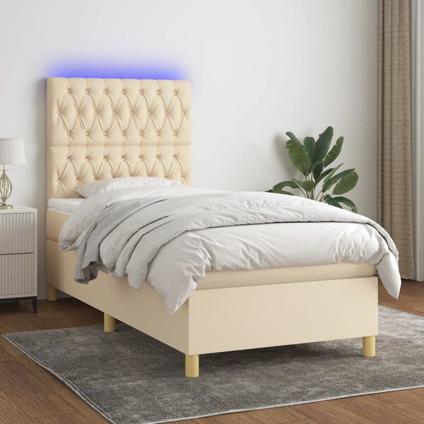 vidaXL Boxspring met matras en LED stof cr&egrave;mekleurig 90x190 cm