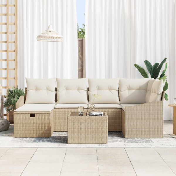vidaXL Bankstel met kussen met opslag 7 pcs Beige en Cr&egrave;me poly rattan