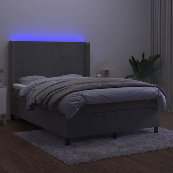 vidaXL Boxspring met matras en LED fluweel lichtgrijs 140x200 cm