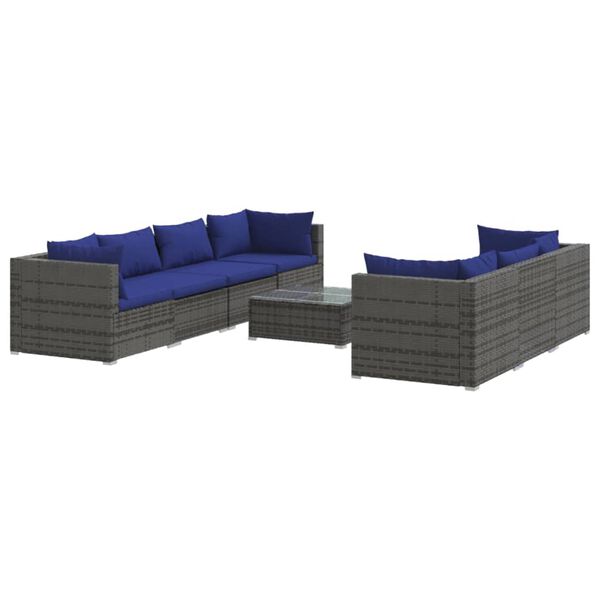 vidaXL 8-delige Loungeset met kussens poly rattan grijs