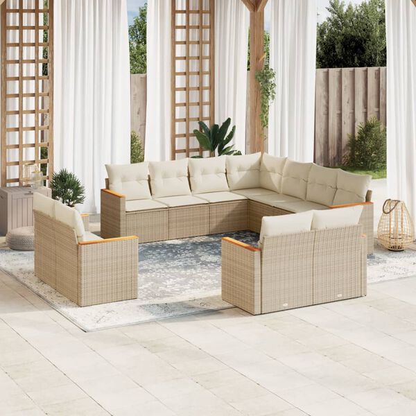 vidaXL 11-delige Tuinset met kussens poly rattan beige