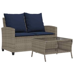 vidaXL Tuinbank 2-zits met kussens & tafel poly rattan grijs