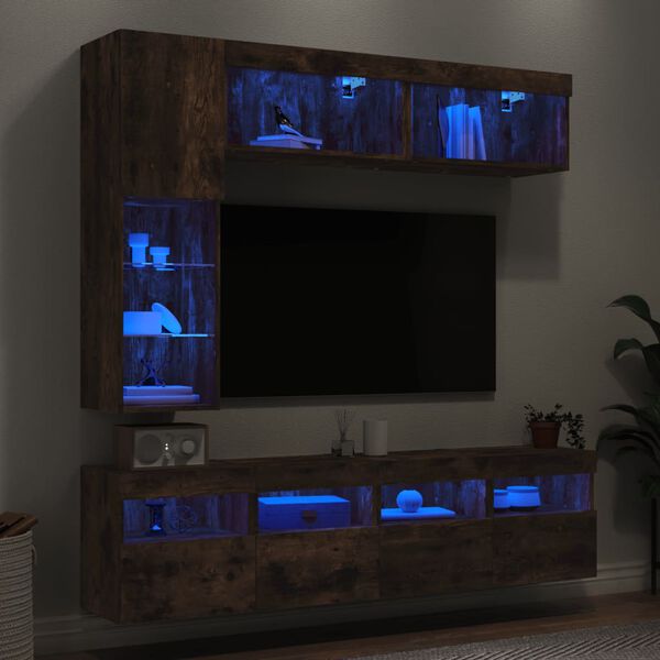 vidaXL 7-delige Tv-wandmeubelset met LED-verlichting gerookt eiken