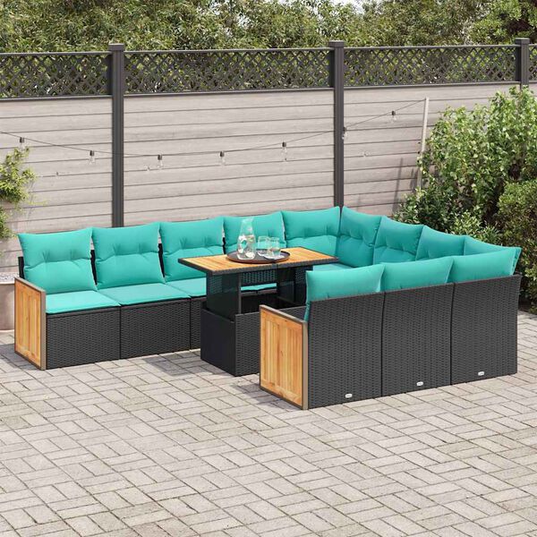 vidaXL 11-delige Loungeset met kussens poly rattan acacia zwart