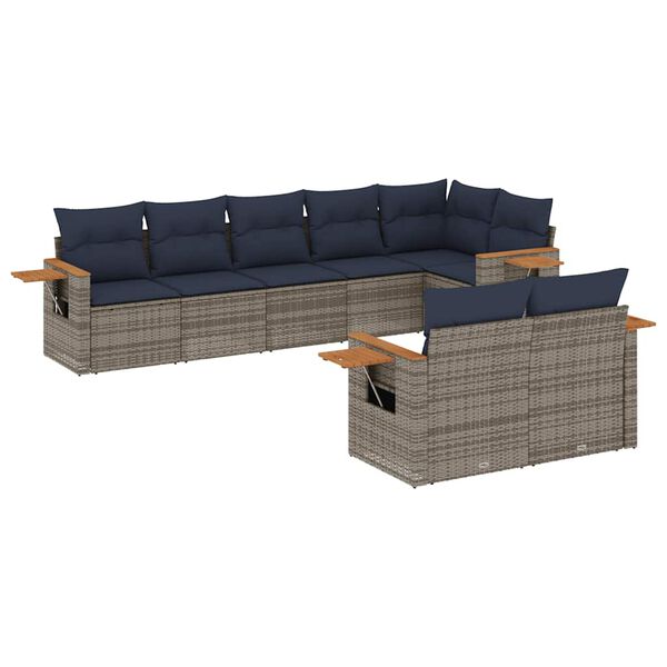 vidaXL 8-delige Loungeset met kussens poly rattan grijs