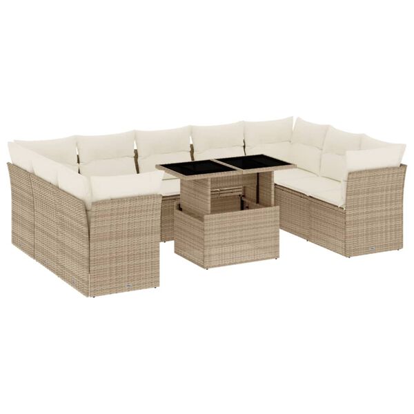 vidaXL 10-delige Loungeset met kussens poly rattan beige