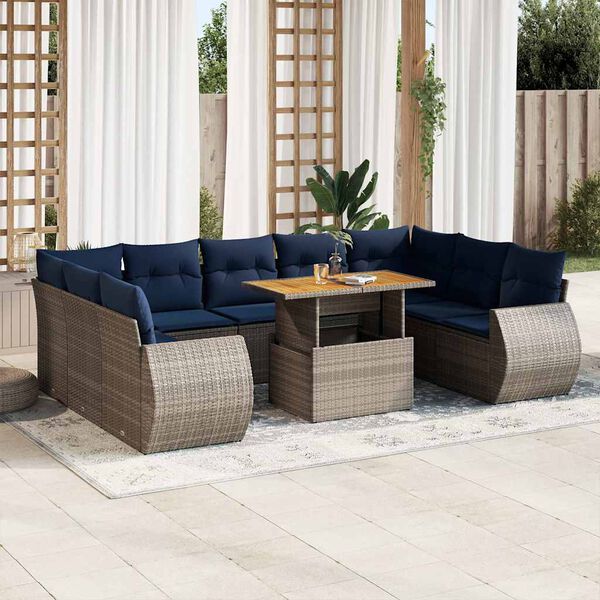 vidaXL 10-delige Loungeset met kussens poly rattan grijs