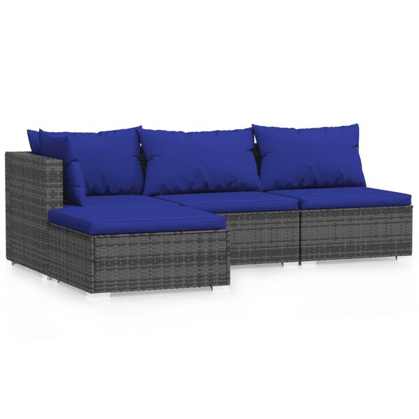 vidaXL 4-delige Loungeset met kussens poly rattan grijs